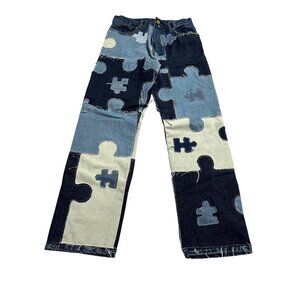 Rough Cut Jigsaw Puzzle Patchwork Jeans in Blue Patchwork Denims